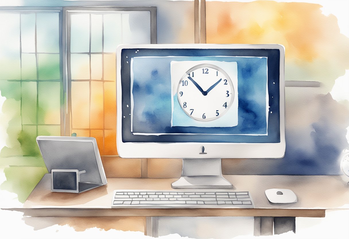 A computer screen with a WordPress dashboard open, a clock in the background, and a security lock icon