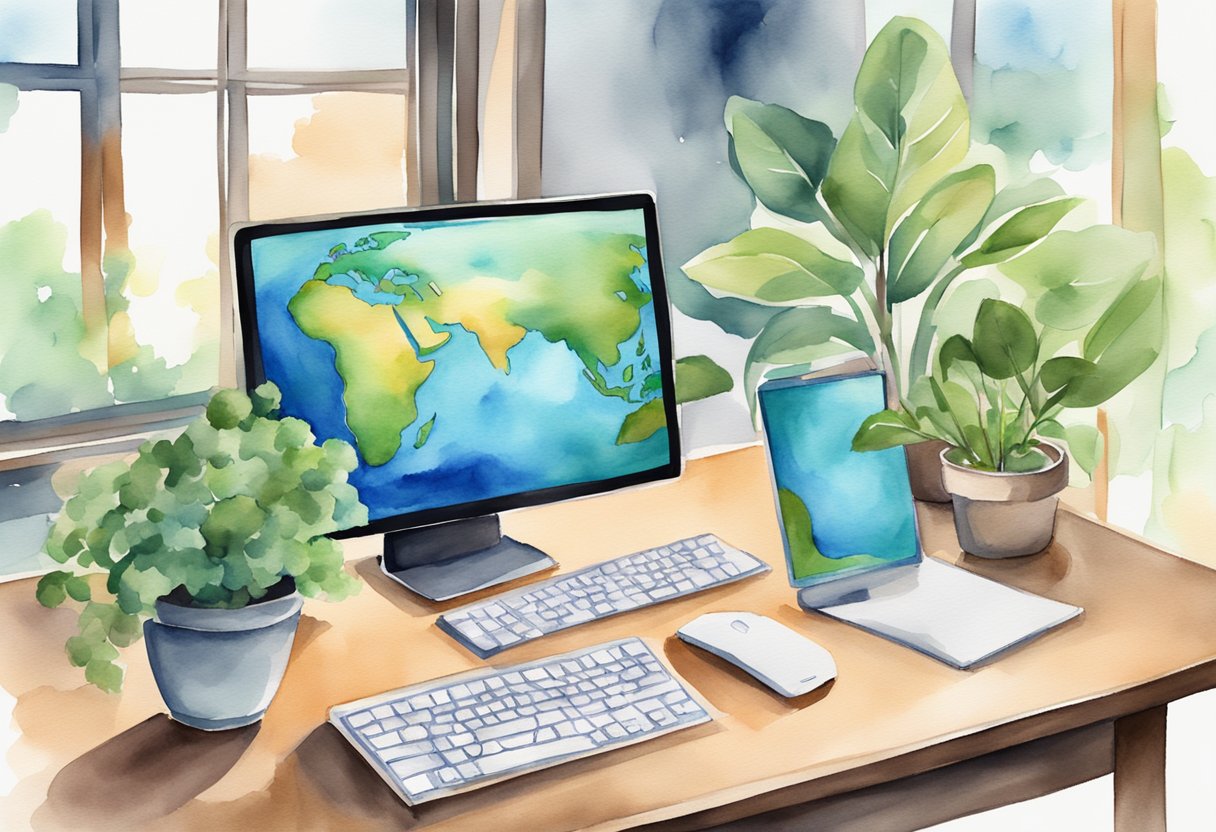 A virtual meeting with a computer, tablet, and phone on a desk. A globe and plants symbolize reduced environmental impact