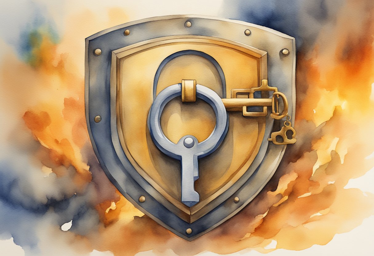 A strong, secure lock with a key and a shield symbol, surrounded by a wall of fire