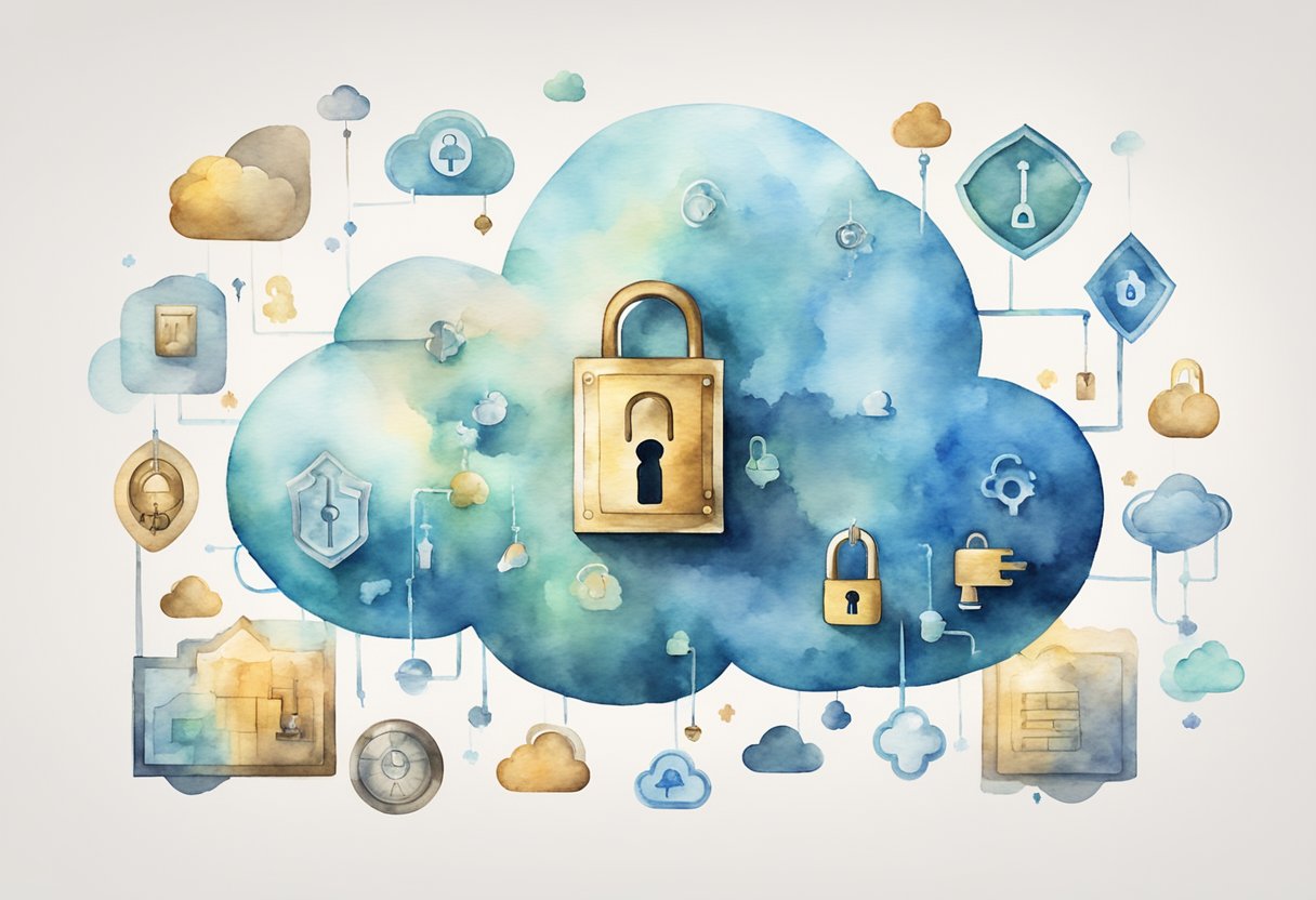 A secure cloud with lock and key symbols, shield, and data encryption icons. No humans or body parts