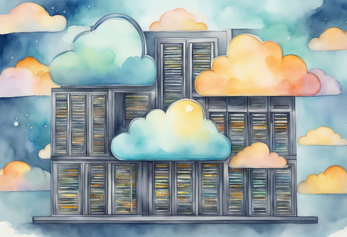 A secure cloud server with multiple layers of protection, including firewalls and encryption, surrounded by a shield representing security best practices