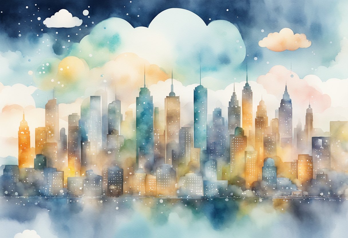 A bustling city skyline with various cloud symbols floating above, representing the concept of crowdsourced cloud hosting models