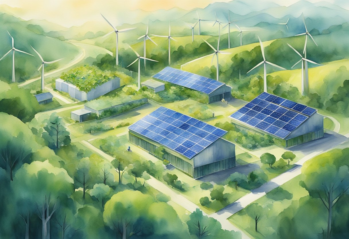 A server farm powered by solar panels and wind turbines, surrounded by lush greenery and wildlife. Environmental certifications prominently displayed