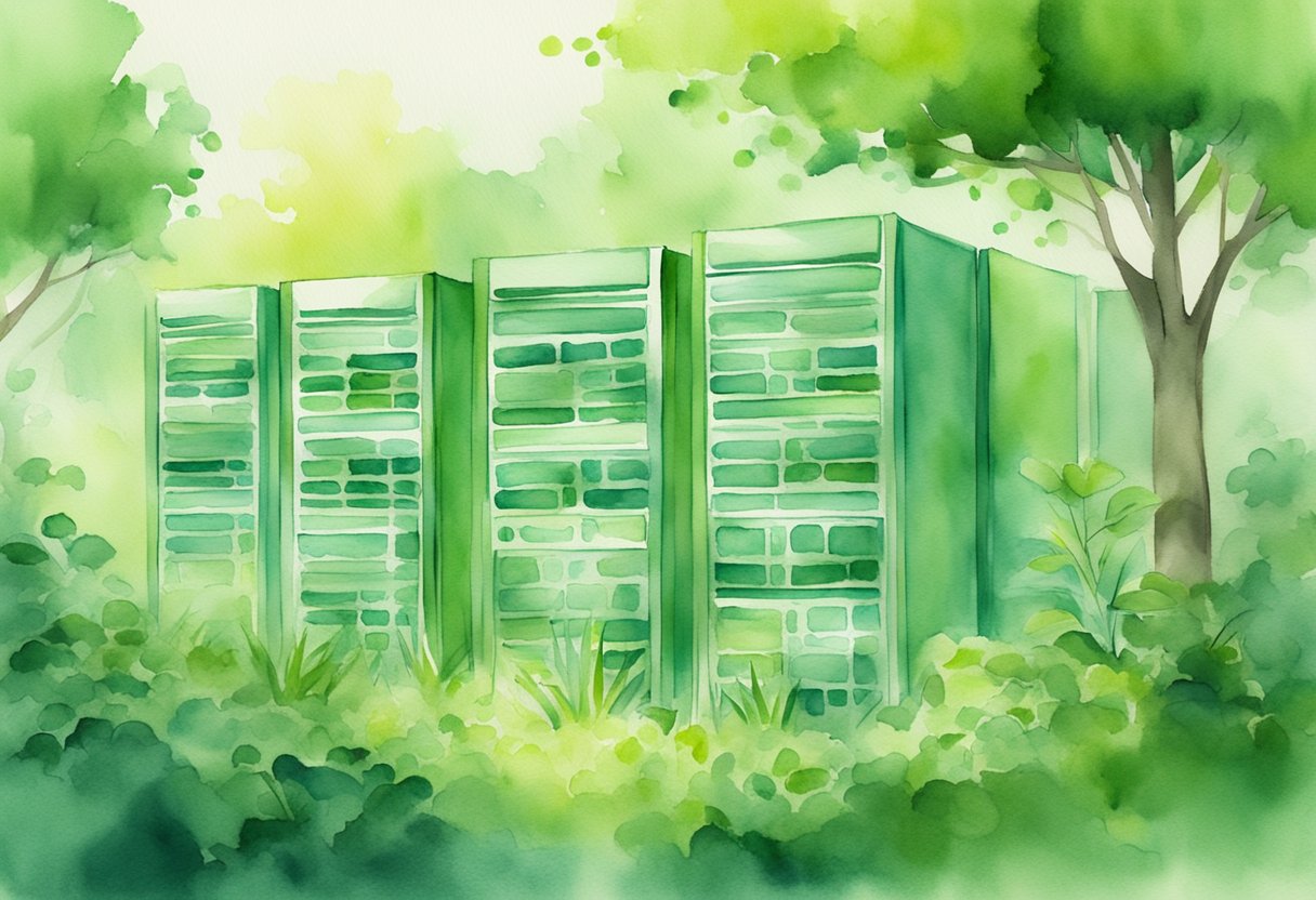 A green web hosting scene with eco-friendly strategies and environmental certifications