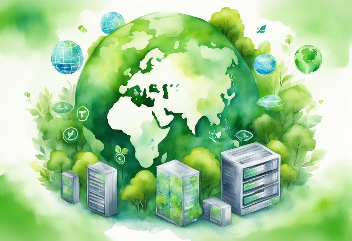 A green earth with eco-friendly symbols and certifications floating around a web hosting server, representing sustainable and environmentally friendly strategies