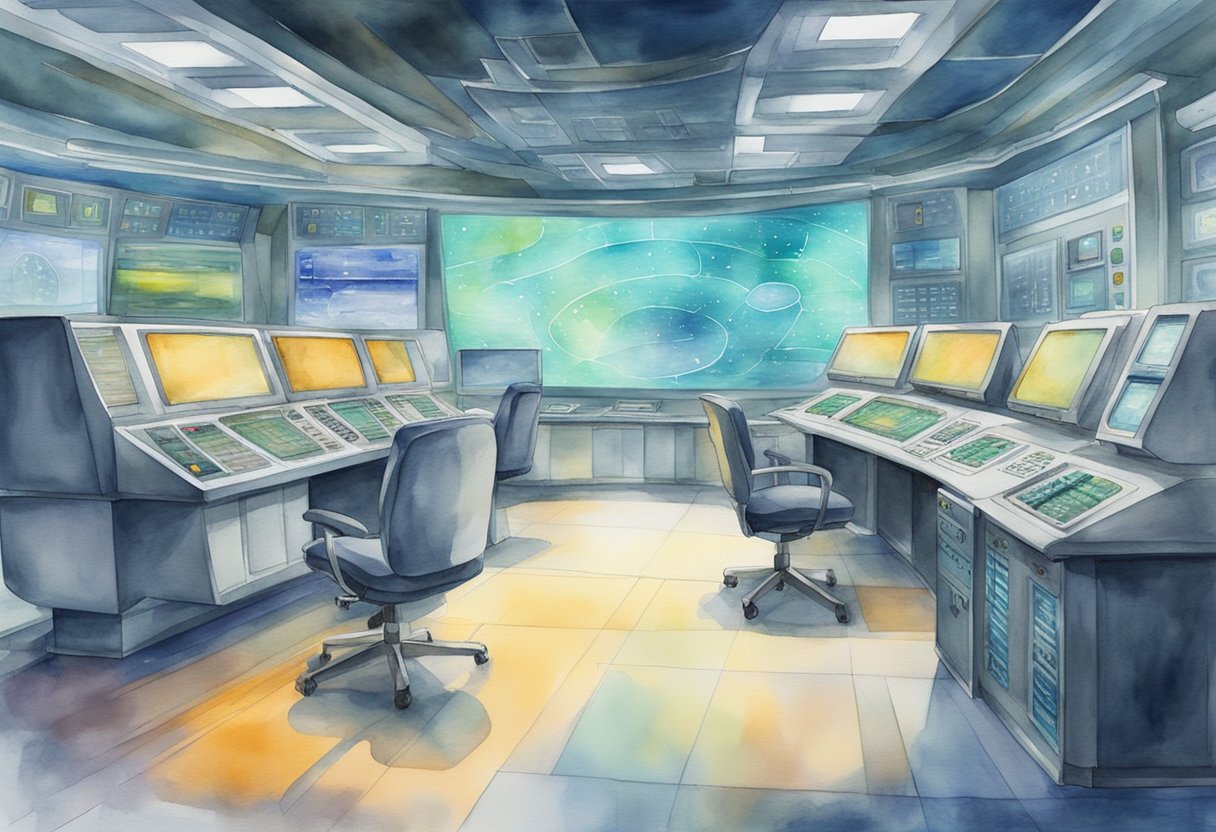 A futuristic control room with advanced monitoring systems and AI technology detecting anomalies