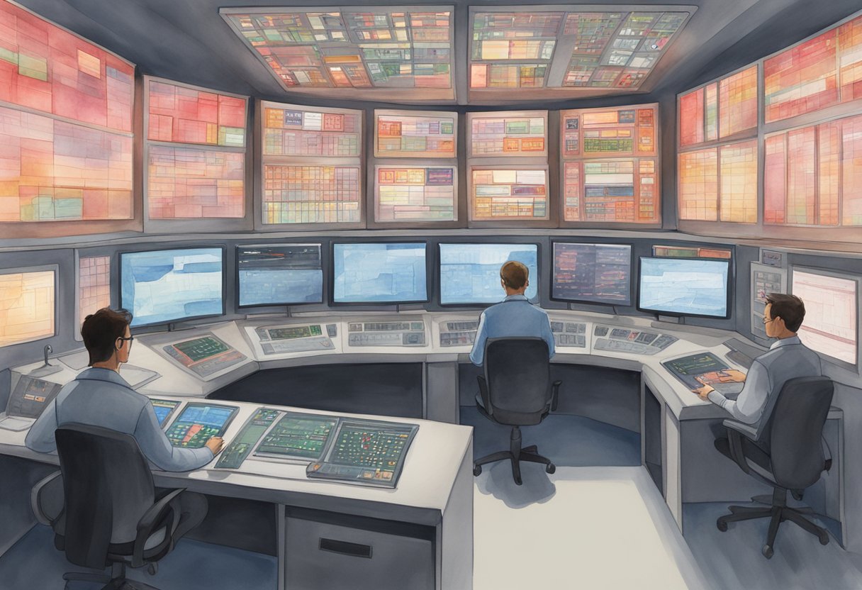 A control room with multiple screens displaying real-time data. Red flashing lights and audible alarms indicate system alerts