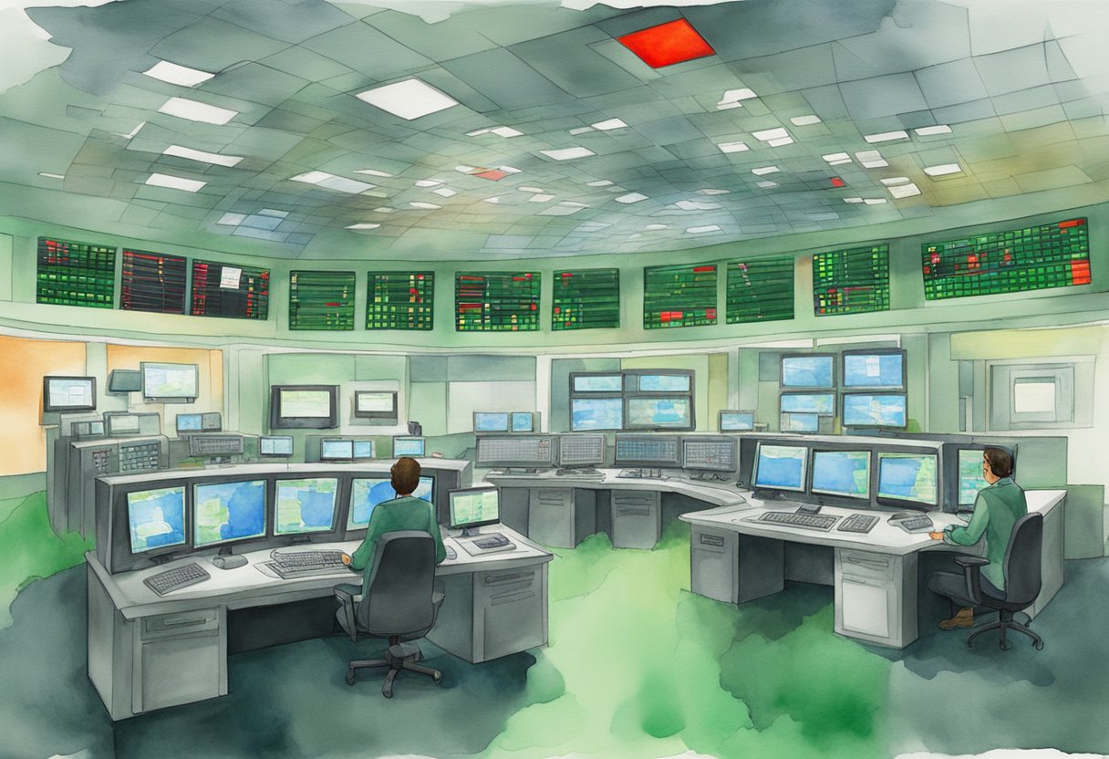 A control room with multiple screens displaying real-time data and alerts for high availability systems. Red and green indicators show status