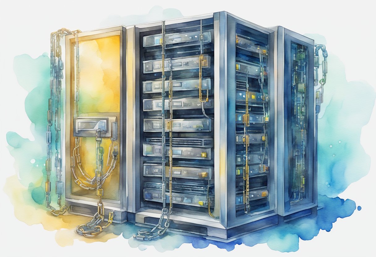 A computer server surrounded by chains and locks, with transparent blocks floating around it, symbolizing security and transparency in blockchain web hosting