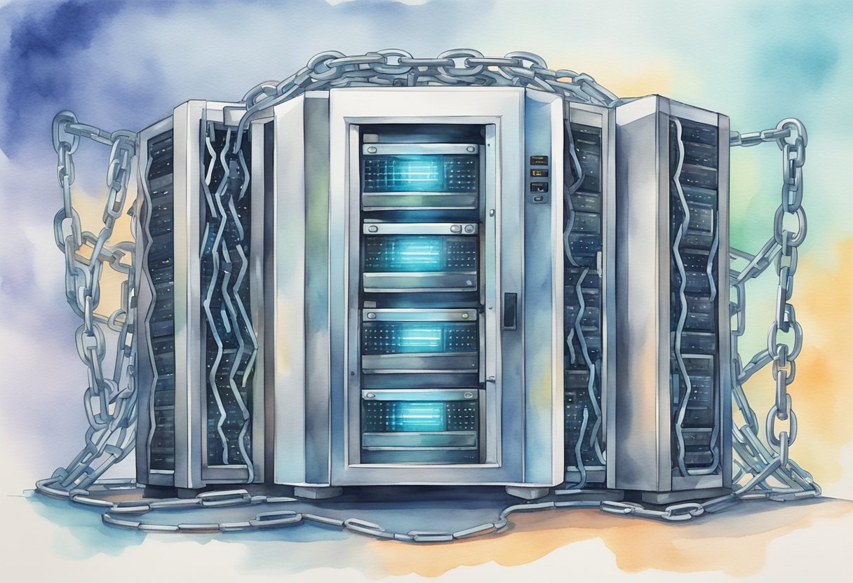 A computer server surrounded by chains representing blockchain technology, with a shield symbolizing security and transparency in web hosting