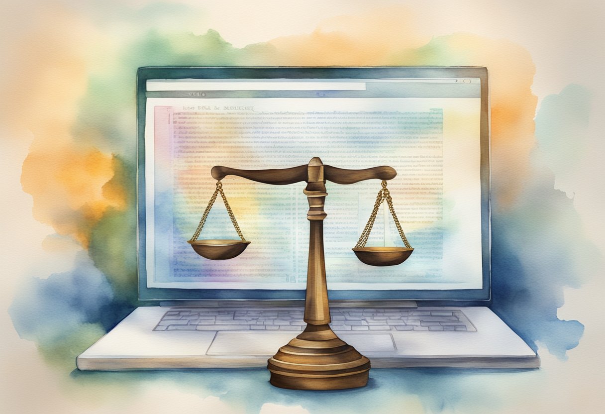 A computer screen displaying legal text with a gavel and scales of justice in the background