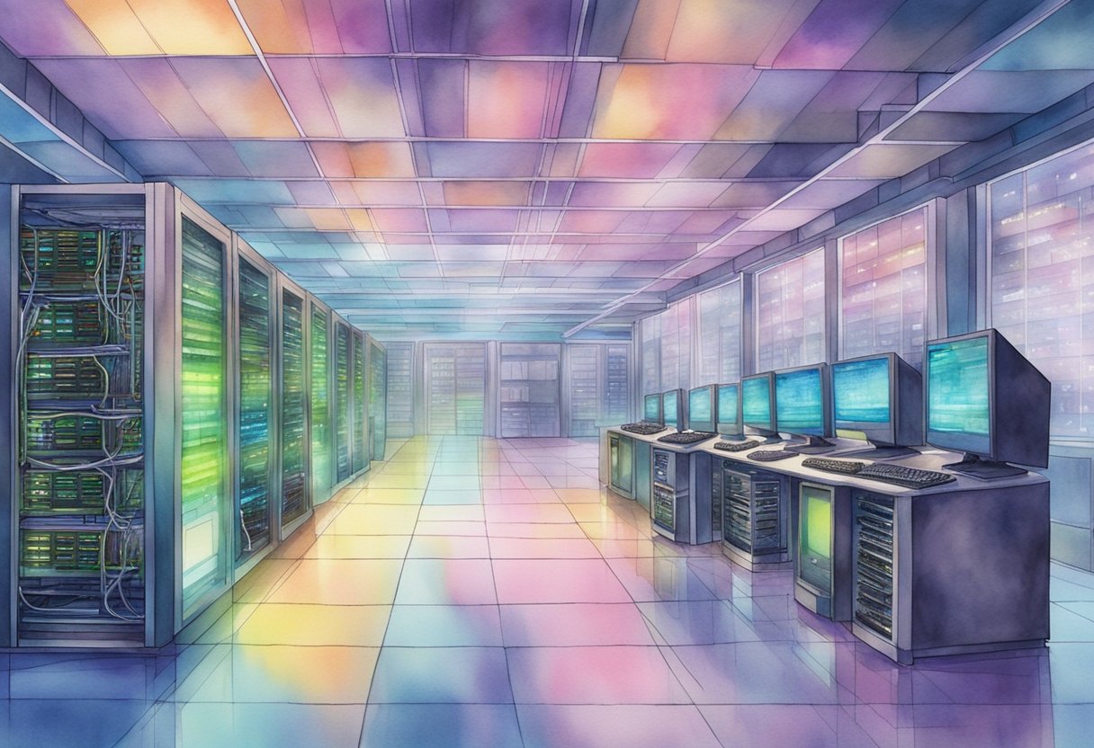 A futuristic server room filled with neuromorphic computing equipment and web hosting technology, with colorful lights and advanced hardware