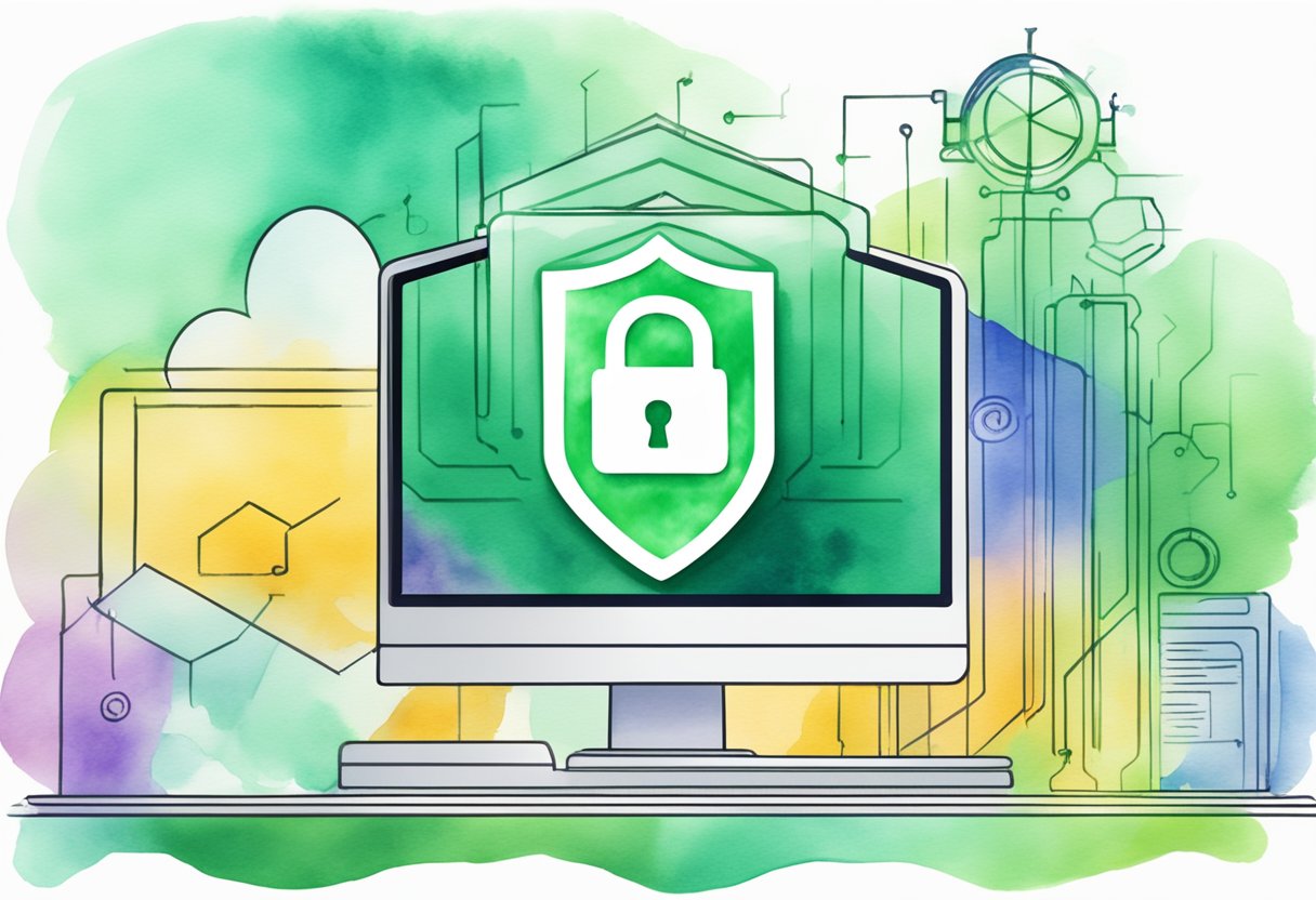 A computer screen displaying CSP implementation with a lock icon, surrounded by shield symbols. A website URL is visible, and a green checkmark indicates successful implementation