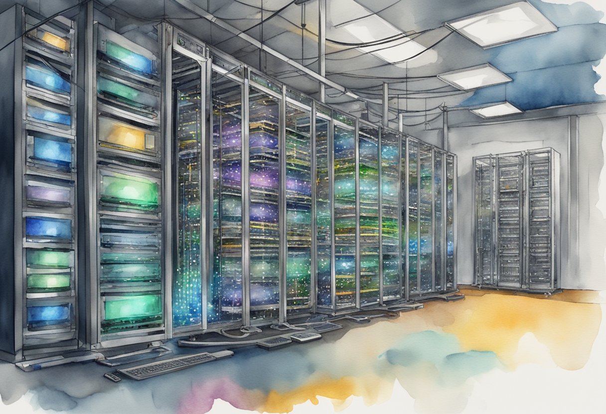 A server rack with blinking lights and cables, surrounded by a network of interconnected devices, showcasing improved latency and scalability for web hosting