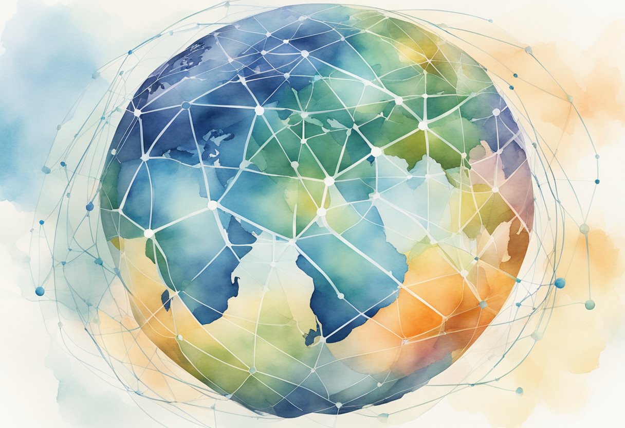 A globe surrounded by interconnected network nodes, with data flowing between them, representing global CDN strategies for maximum efficiency