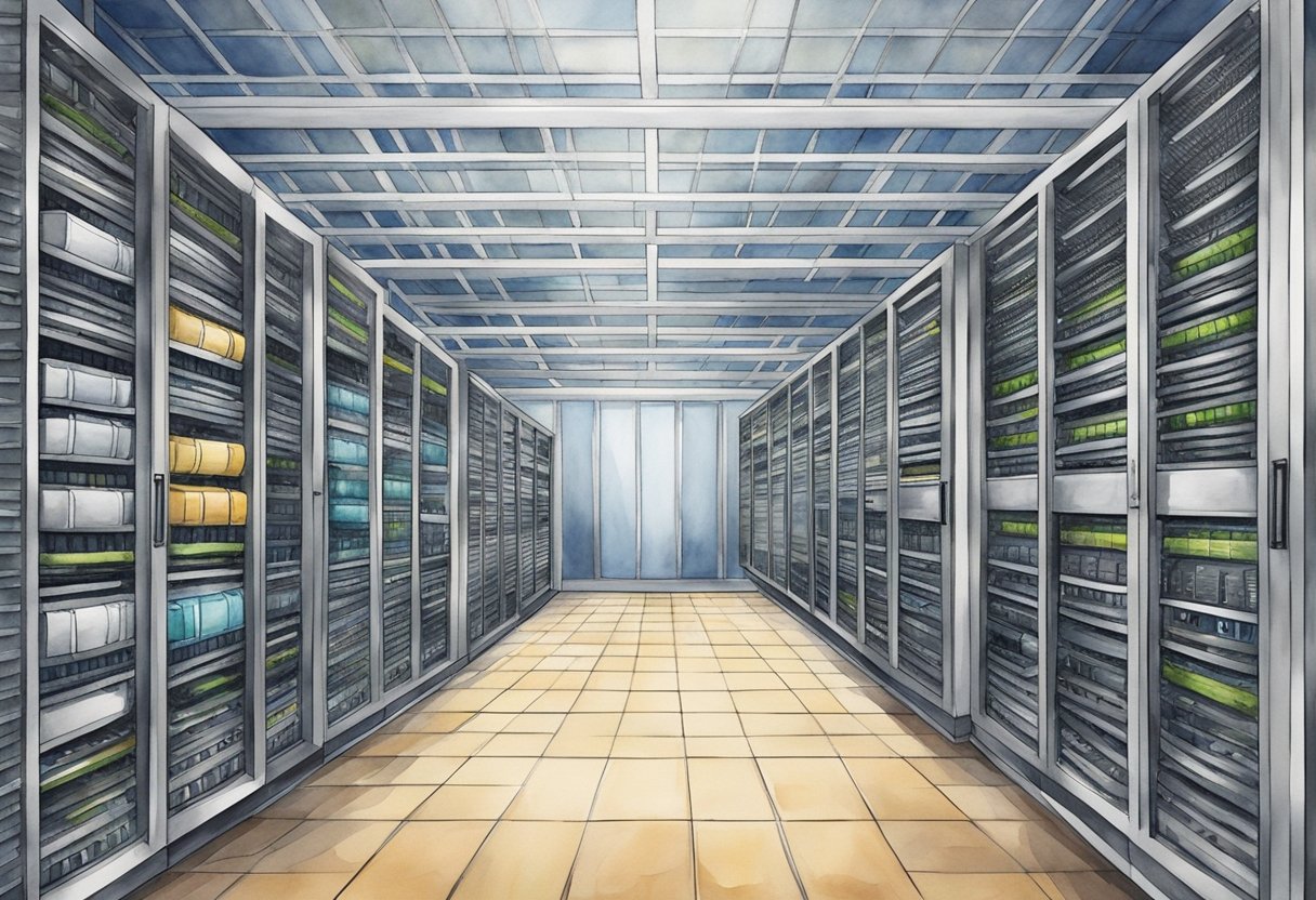 A server room with rows of neatly organized racks and equipment, with cables and wires neatly arranged and labeled. A creative and modern logo for hosting packages and servers is prominently displayed