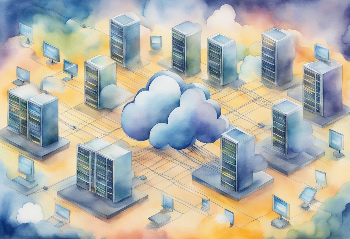 A network of interconnected servers and databases in the cloud, with data flowing between them. Security measures in place to protect against potential threats