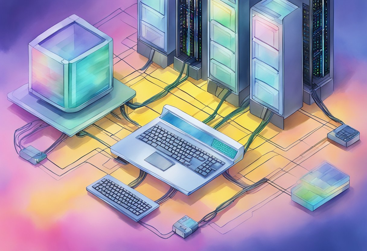 A computer server connected to a network, with data blocks linked together, representing blockchain-based contract management in web hosting