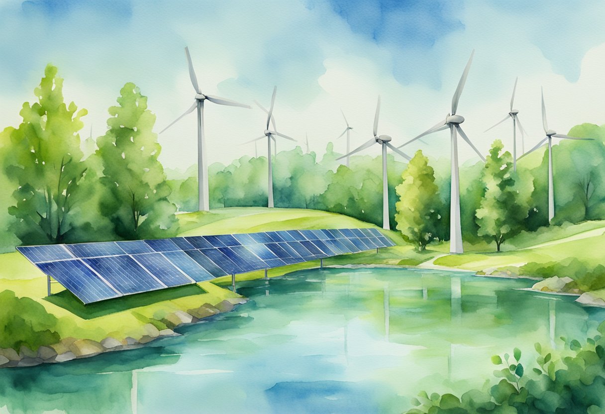 A lush green landscape with solar panels, wind turbines, and a modern data center nestled among trees and surrounded by clean, flowing water