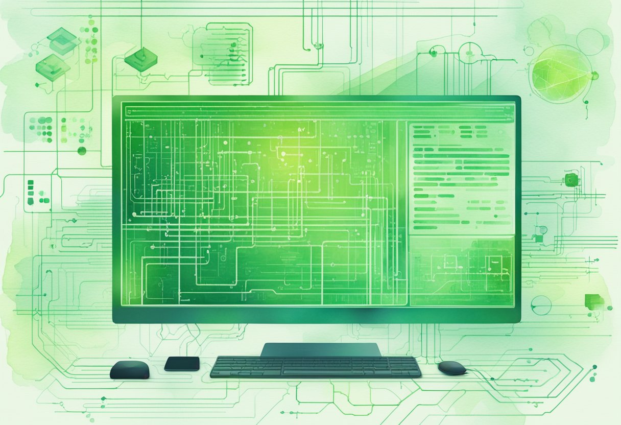 A computer screen displaying energy-efficient coding algorithms and software design principles. Various lines of code and diagrams are visible, illustrating the concept of green coding