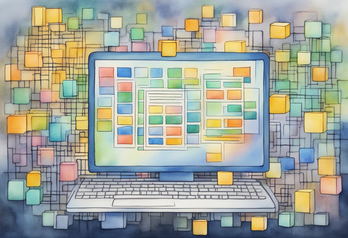 A computer screen displays a chain of interconnected blocks, each labeled with "Domain Management," "Micropayments," and "Data Security."