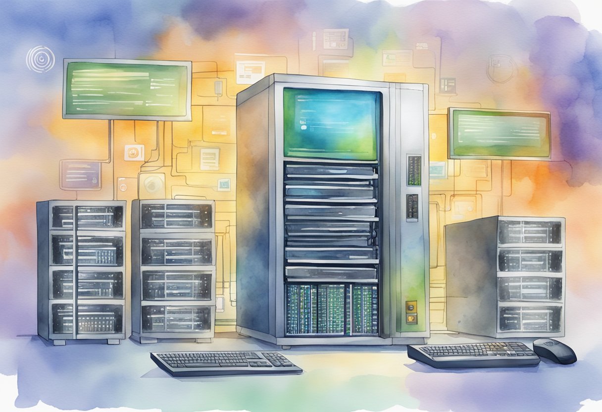 A computer server with DSGVO regulations displayed on the screen, surrounded by web hosting equipment and data protection symbols