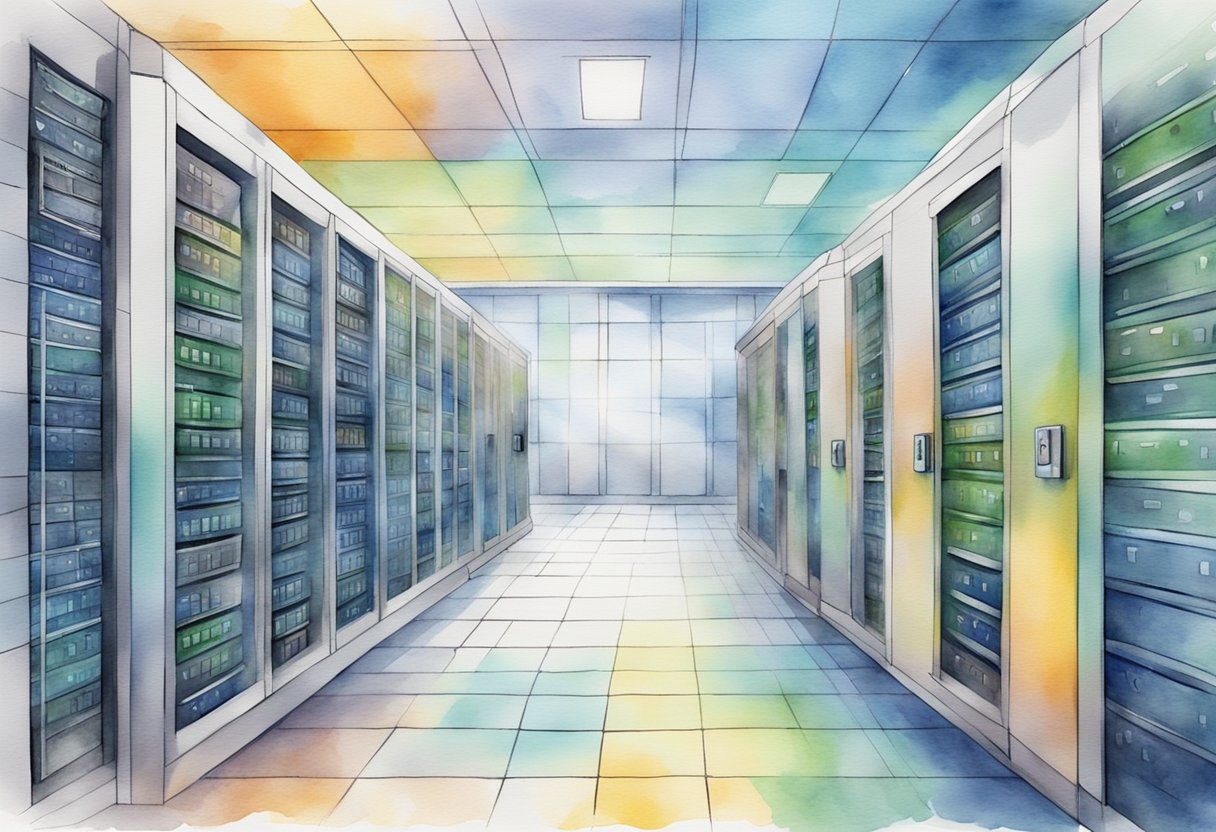 A server room with secure data storage and encryption measures, meeting DSGVO requirements for web hosting