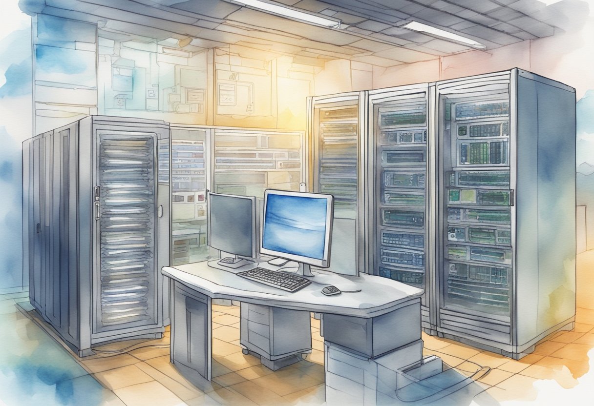 A computer screen displaying a step-by-step guide for data migration hosting. A server room in the background with cables and equipment