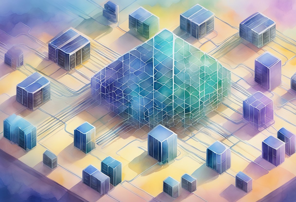 A network of interconnected servers, controlled by artificial intelligence, optimizing web hosting for maximum performance