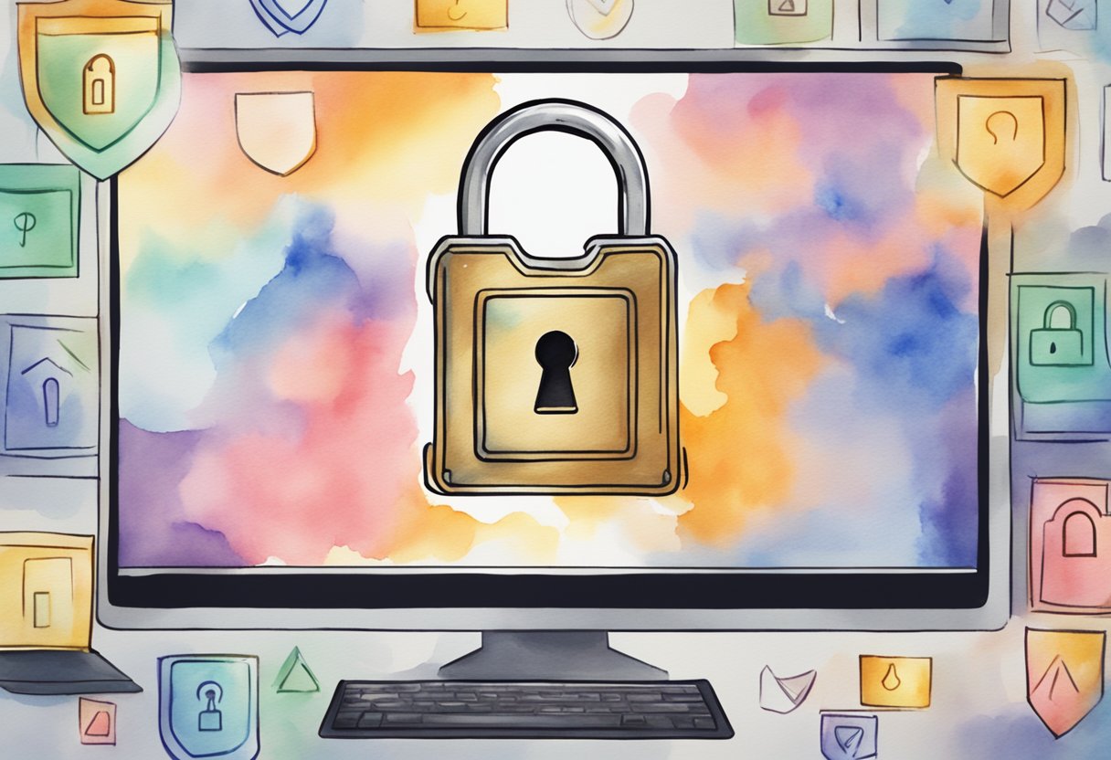 A padlock icon appears on a computer screen, surrounded by shield symbols. A firewall is depicted as a barrier protecting the screen from potential threats